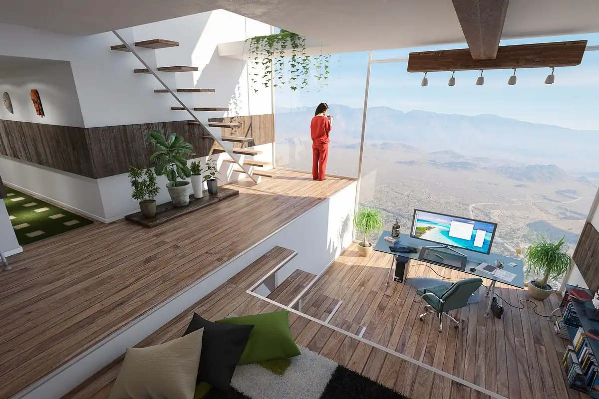 Interior modern de apartament luminos, cu mobilier și ferestre mari, descris într-un anunț imobiliar