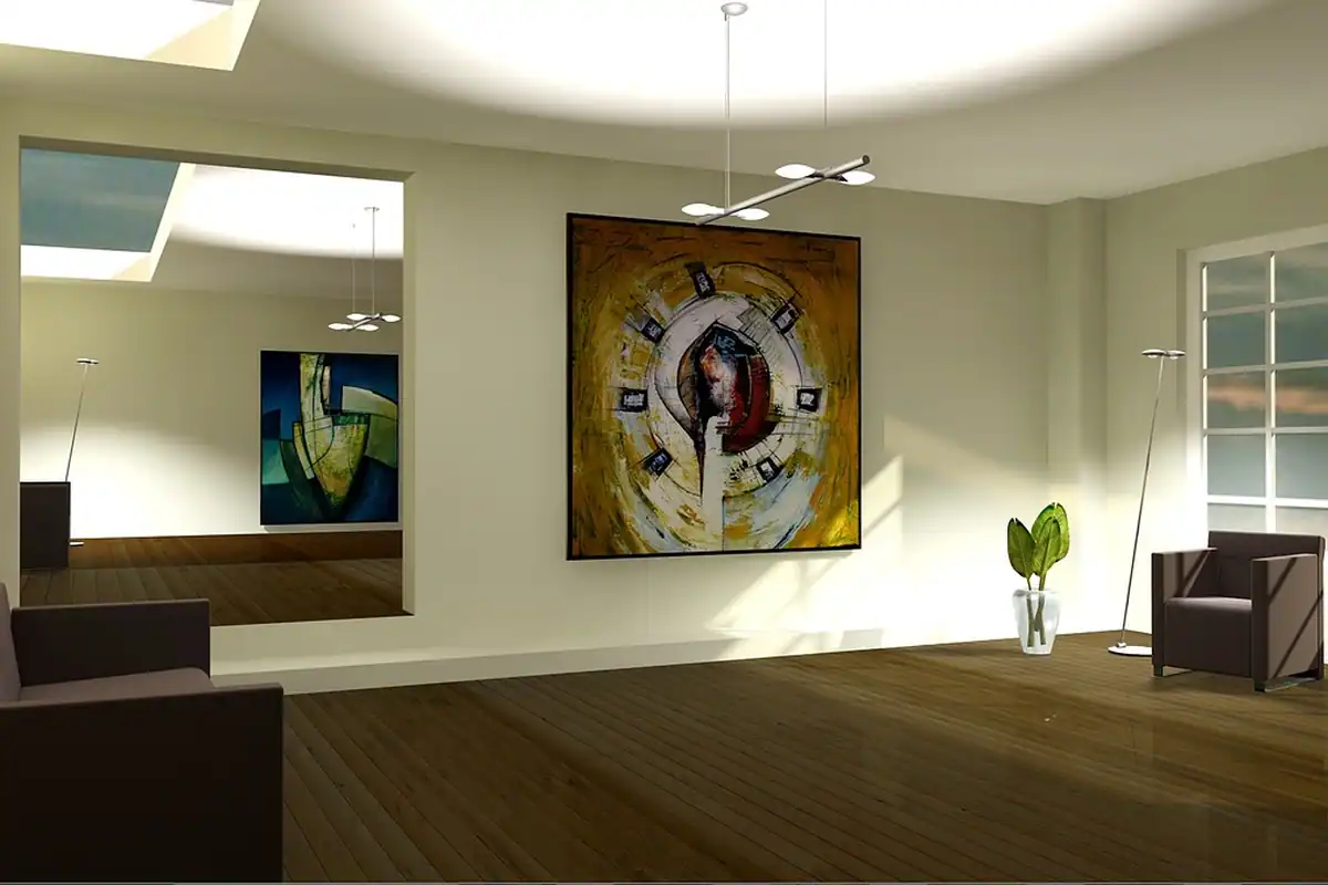 Living luminos al unui apartament gol, cu spațiu liber și lumină naturală, în vizualizare 3D