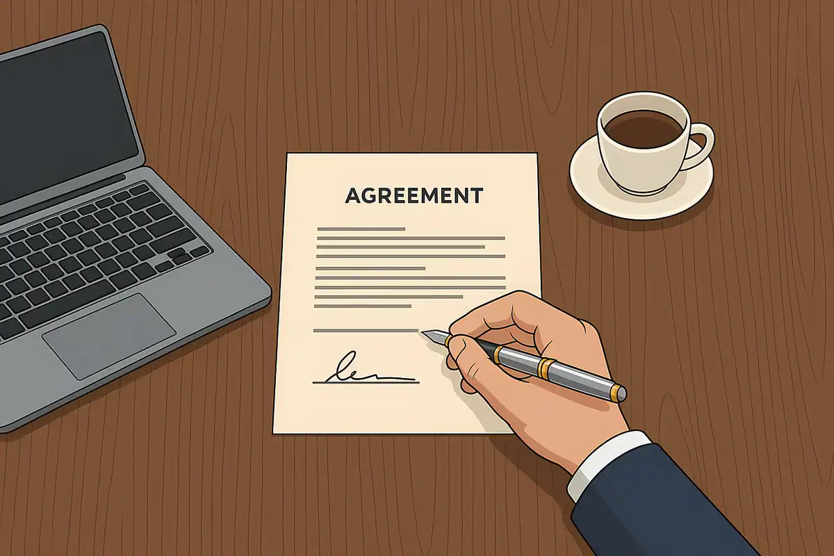 Ilustrație cu o mână care semnează un contract, lângă laptop și cafea
